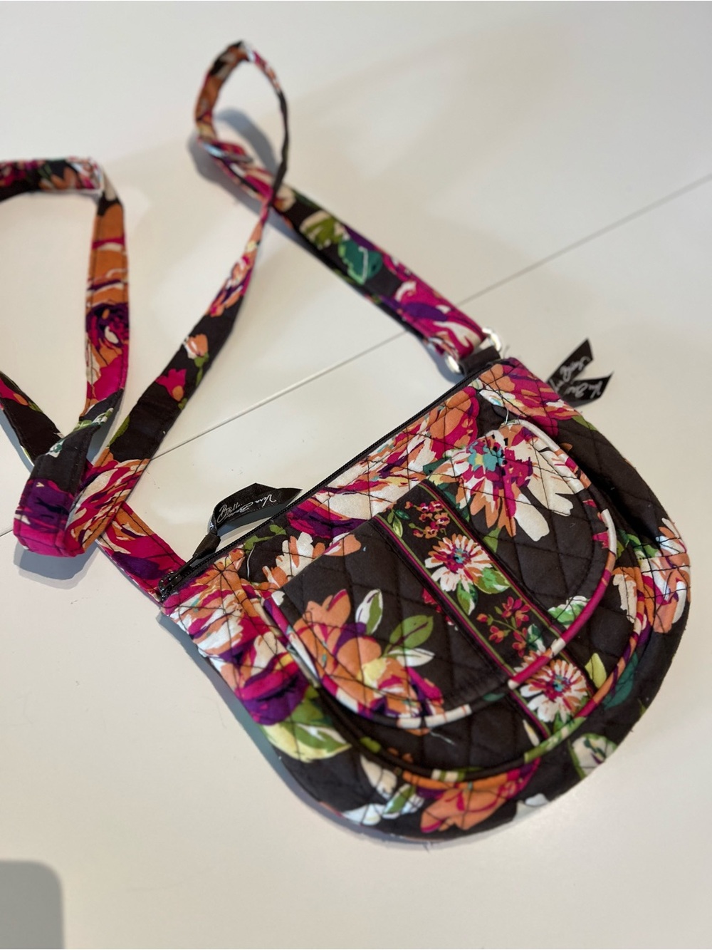 Vera Bradley Black Floral Quilted Crossbody with Pink & Green Accents